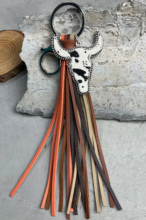 Bull head tassel leather keychain