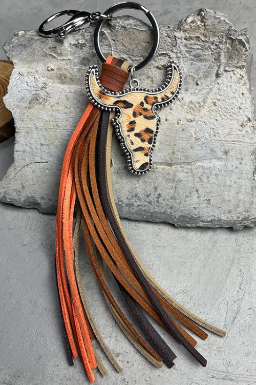 Bull head tassel leather keychain