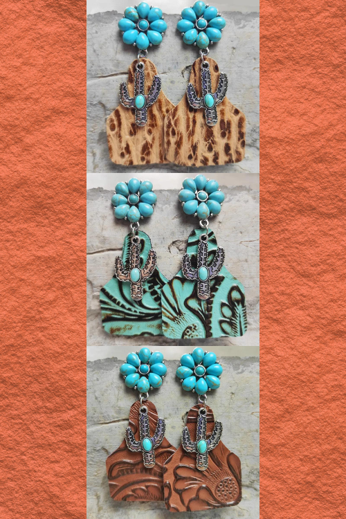 Cactus Cow tag Leather Earrings