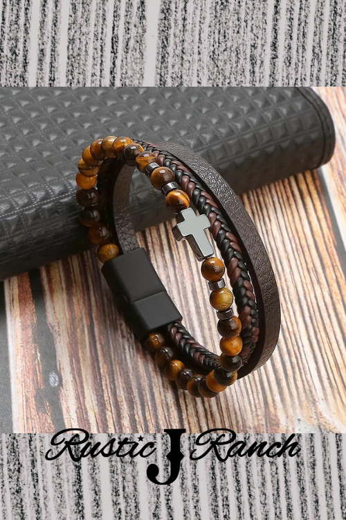 Layered Leather & Volcanic stone bracelet