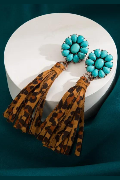 Leopard Leather Turquoise tassel Earrings