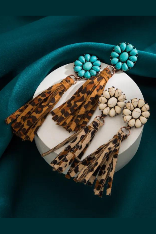 Leopard Leather Turquoise tassel Earrings