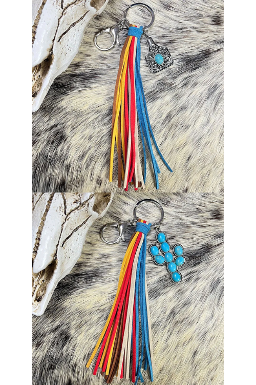 Multi color tassel leather keychain