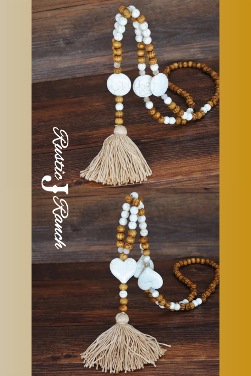 Wood Bead & Stone tassel necklace