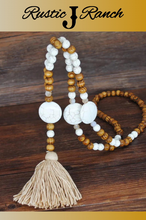 Wood Bead & Stone tassel necklace