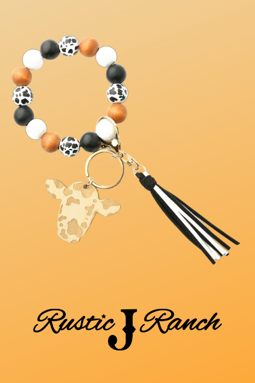 Wood bead tassel keychain with cowhead