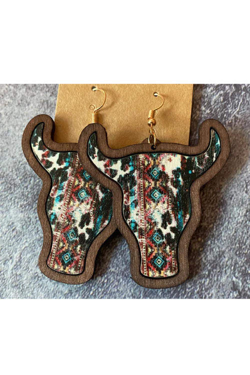 Wood earrings with cowhead inlaid Bohemian style