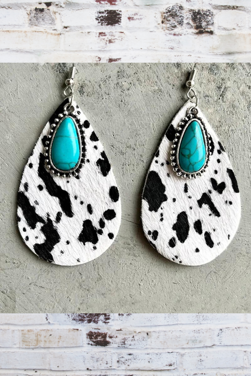 Cow Print Leather Teardrop Earrings