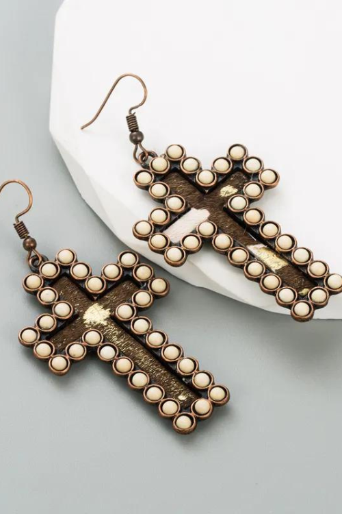 Cowhide Cross Earrings