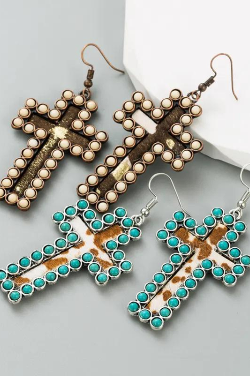 Cowhide Cross Earrings