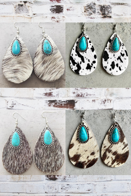 Cow Print Leather Teardrop Earrings