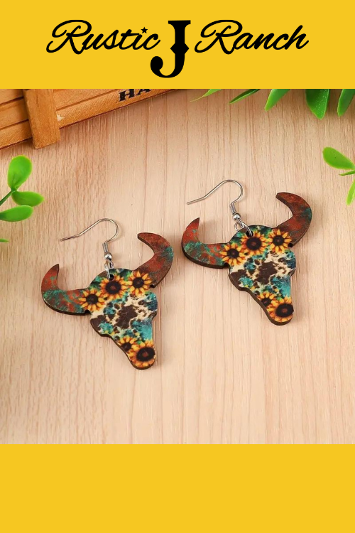 Wood Sunflower Bull Head earrings